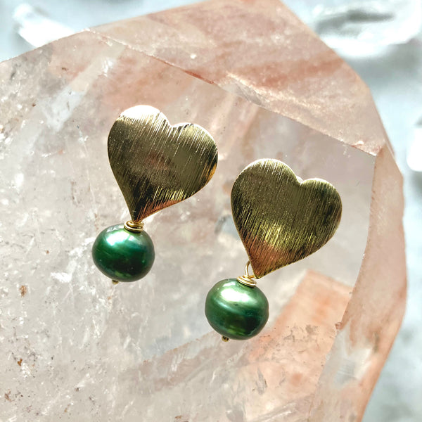 Earrings - Hearts With Green Pearl Drop