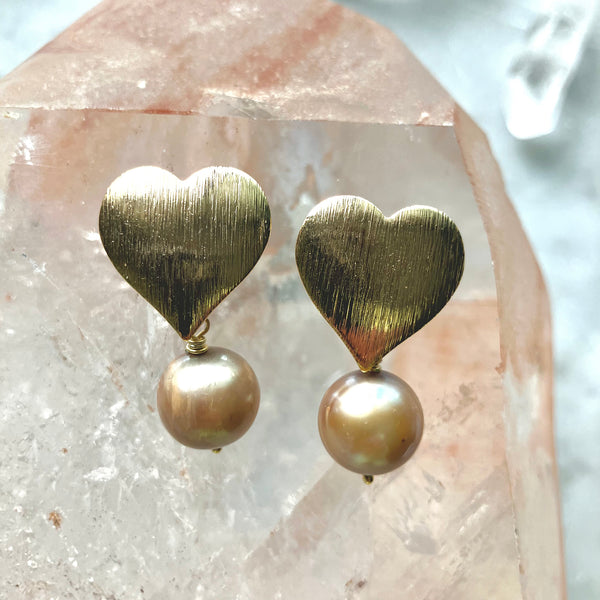 Earrings - Hearts With Bronze Pearl Drop