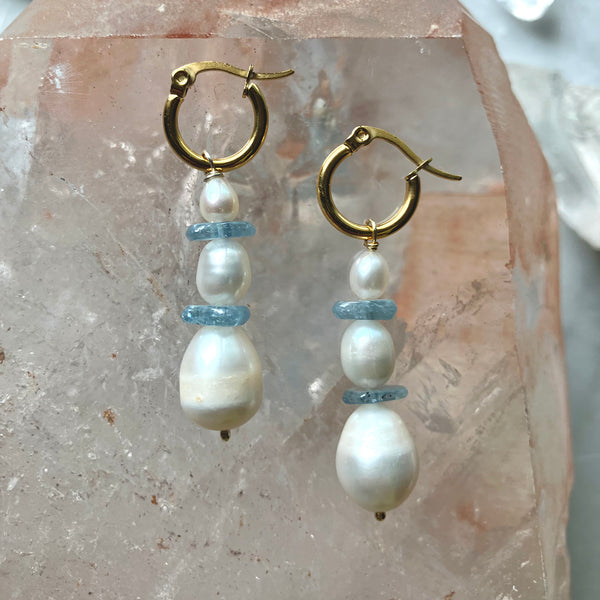 Earrings - Pearl And Aquamarine Trio