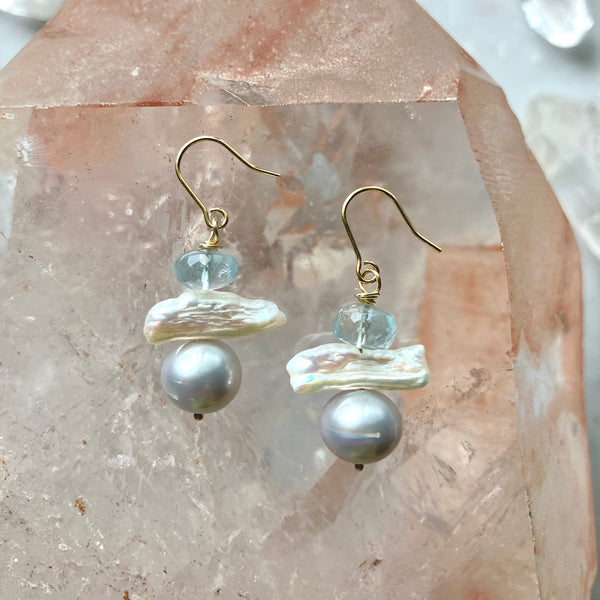 Earrings - Silver Blue Pearl Stack