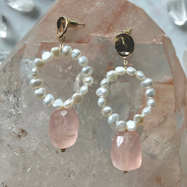 Earrings - Pearl Hoops Rose Quartz Drop