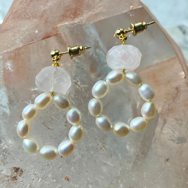 Earrings - Pearl Hoops And Rose Quartz